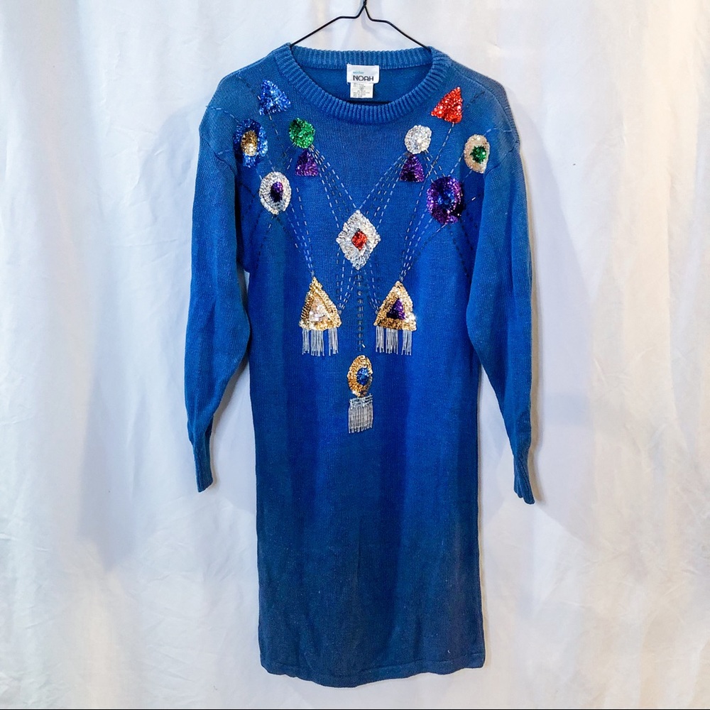 Vintage 80s Sequin Blue Sweater Dress - Picture 16 of 16